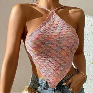 Asymmetrical Hem Tied Backless Tie Dye Cable Knit Top